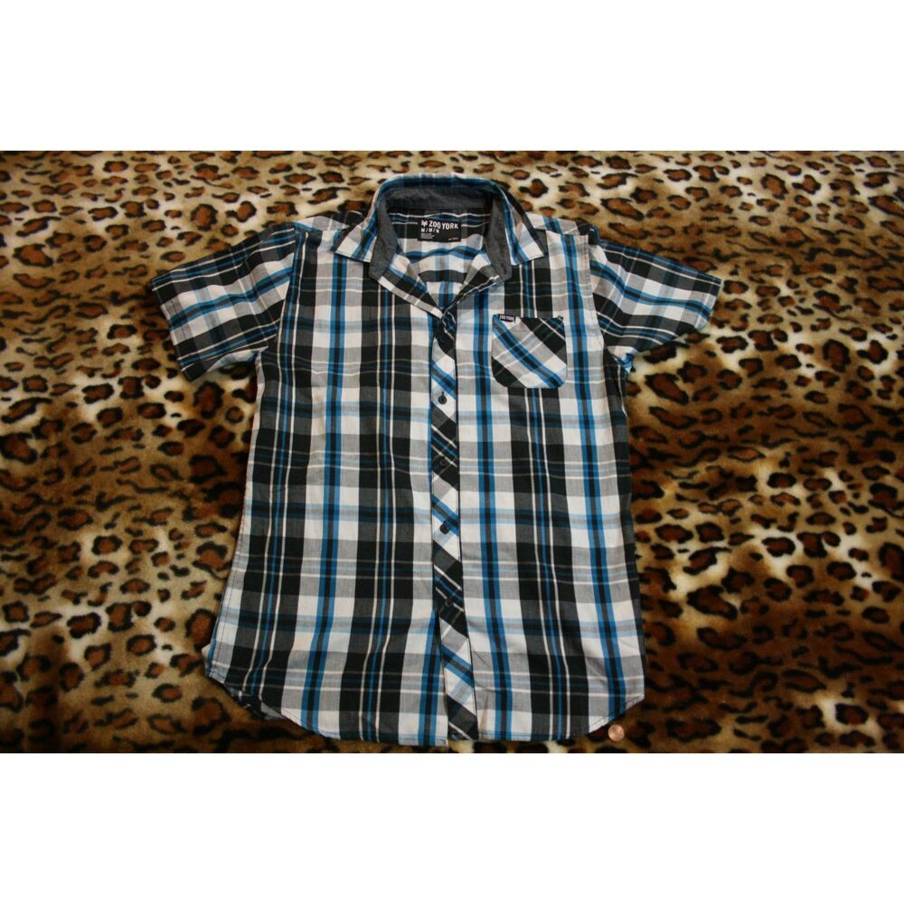 Zoo York Y2K Blue Black White Plaid Button Up Cropped Fit Spring Vintage Skater